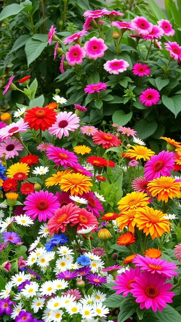 A vibrant garden filled with colorful flowers, including pink, orange, and white blooms.