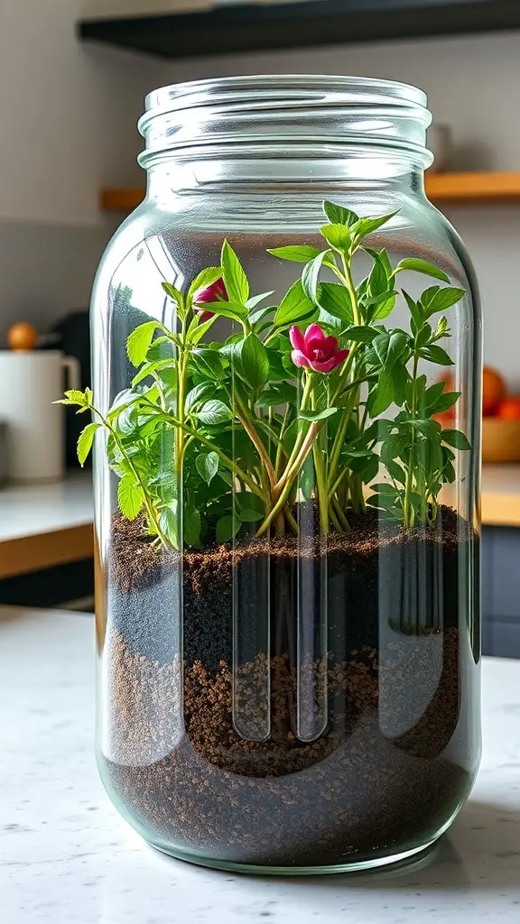 A glass jar containing a small herb garden with green plants and soil.