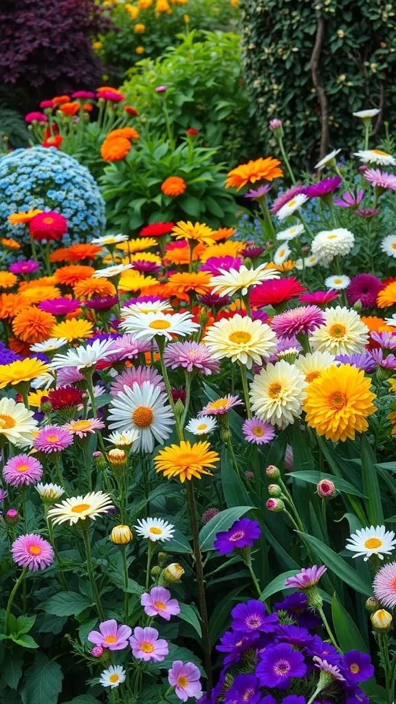 A colorful garden filled with various blooming flowers including daisies, zinnias, and purple blooms.