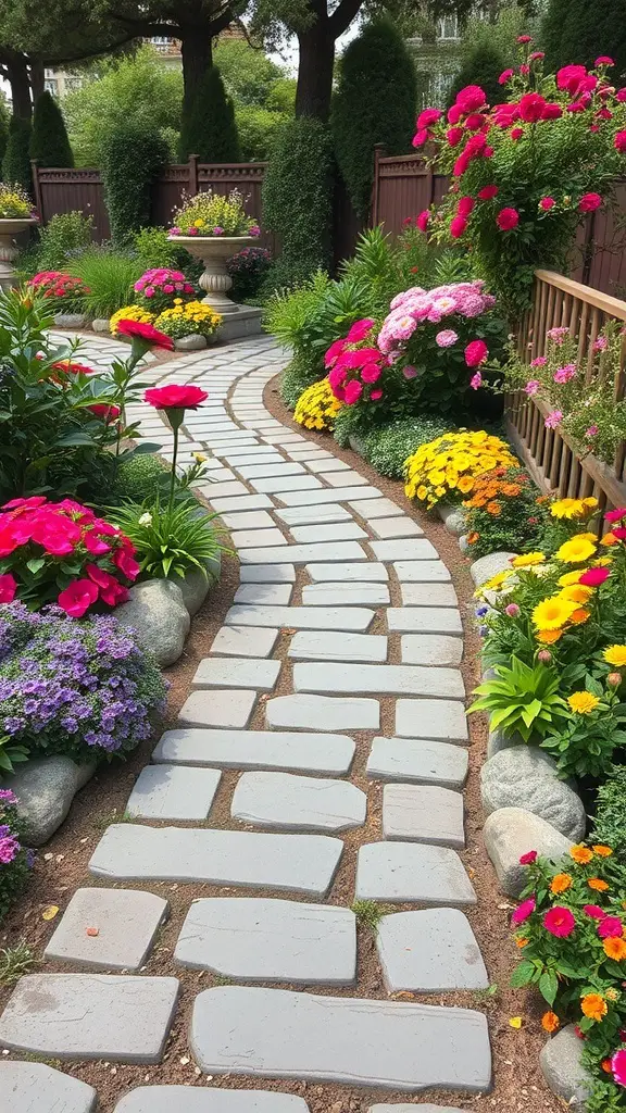 A winding stone pathway surrounded by colorful flowers in a garden.