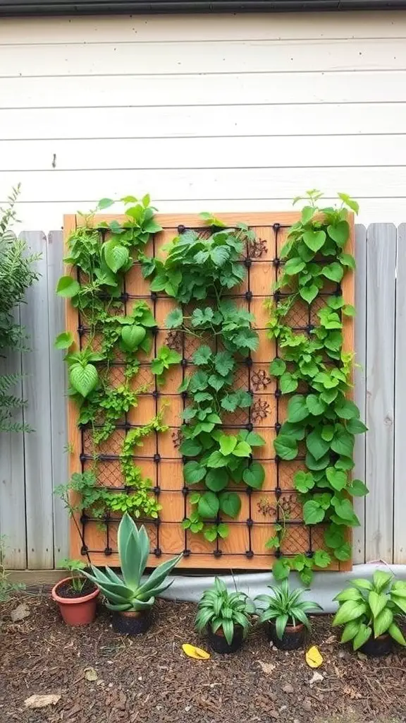 A vertical garden with a wooden frame and various climbing plants.