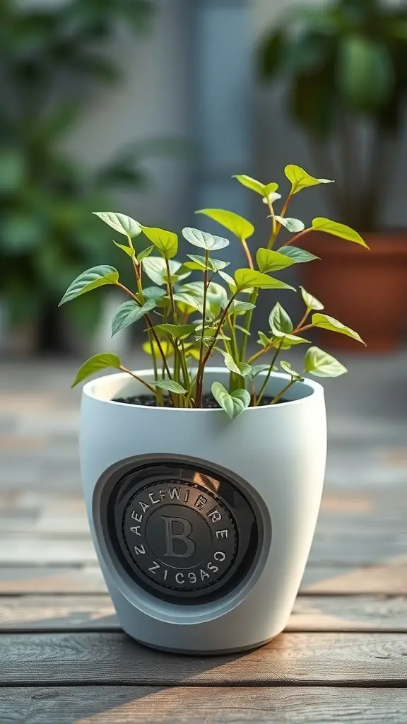 A modern self-watering planter with green plants