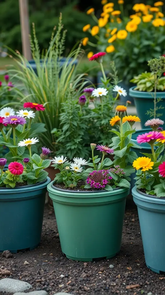 Colorful recycled plastic flower pots with various flowers in a garden setting.