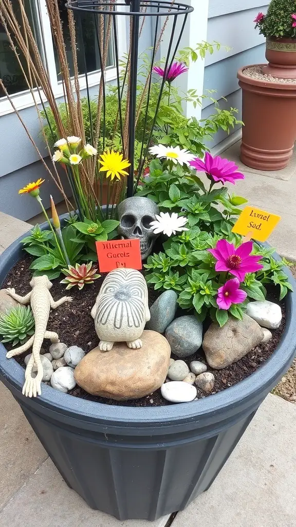 A colorful container garden featuring flowers, decorative stones, and quirky figurines.