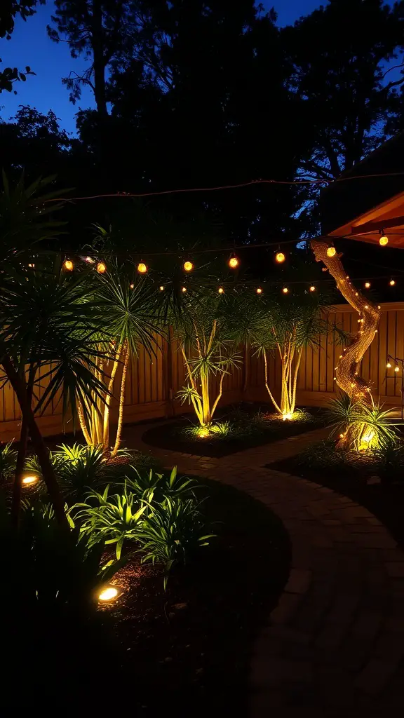 A small garden at night, illuminated with string lights and ground lights, showcasing plants and a winding path.