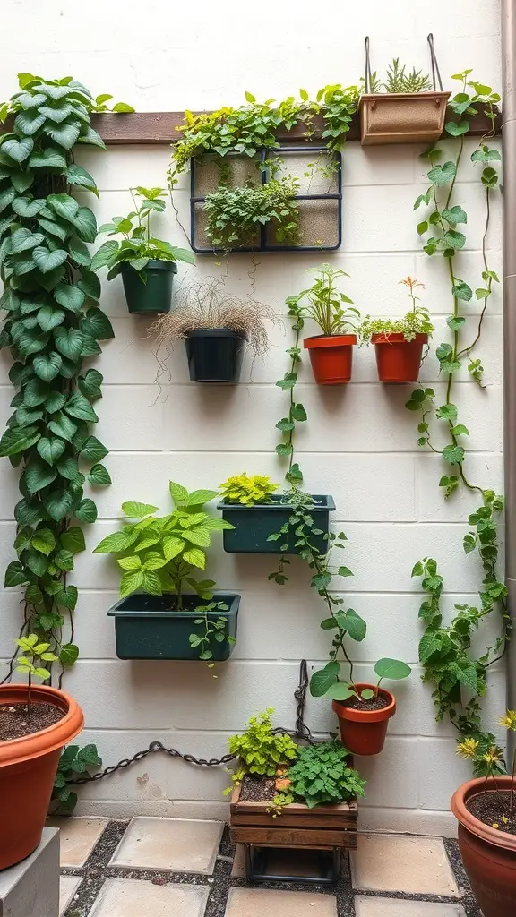 A vertical garden with various plants in pots mounted on a wall, showcasing a mix of greenery in a small courtyard.
