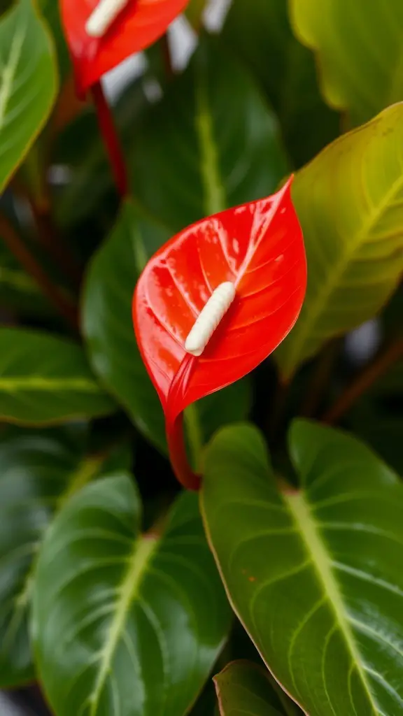 Close-up of bright red Anthurium flowers with green leaves