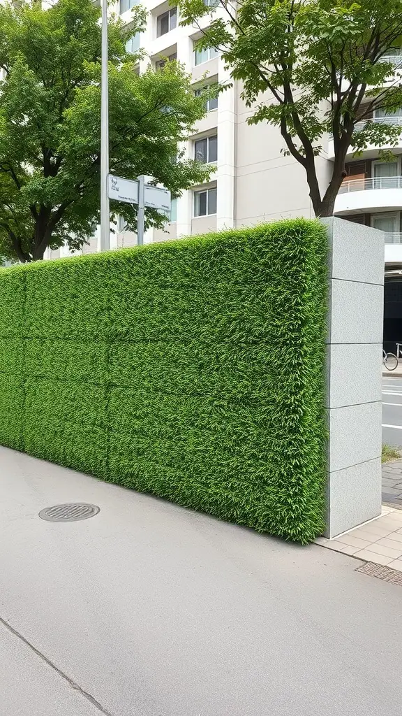 A vibrant artificial grass wall beside a street, serving as a sound barrier.