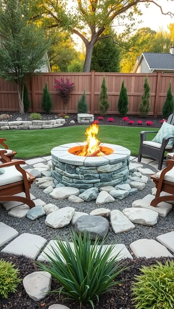 A cozy fire pit area with a stone fire pit, surrounded by seating and greenery.