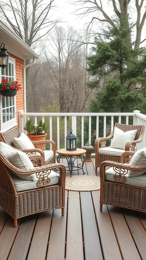A cozy outdoor wicker furniture arrangement with chairs and a round table on a balcony.