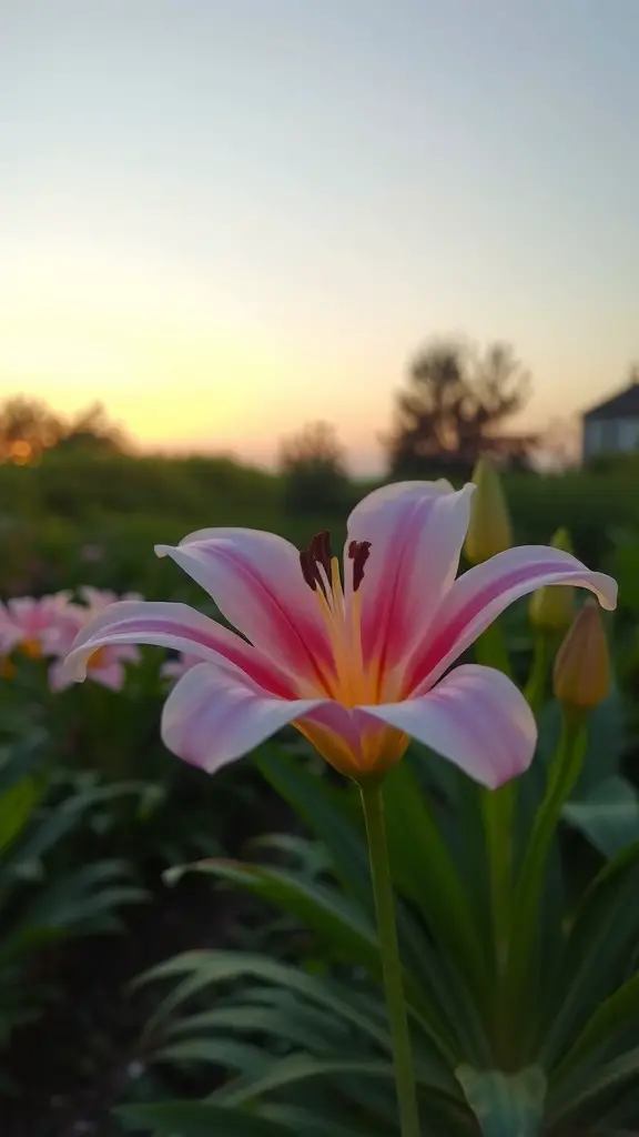 A beautiful evening blooming lily with pink petals against a sunset backdrop.