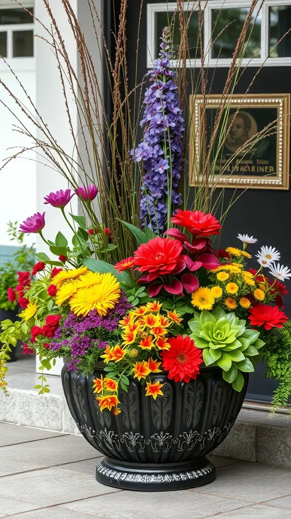 A vibrant container garden featuring a mix of colorful annuals and perennials in a decorative black pot.