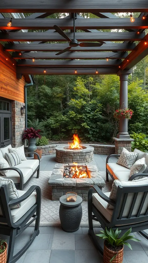 Cozy outdoor living space with comfortable seating, a fire pit, and string lights