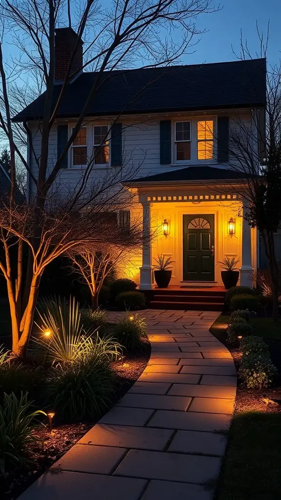 A beautifully lit front garden with a pathway leading to a house at dusk.