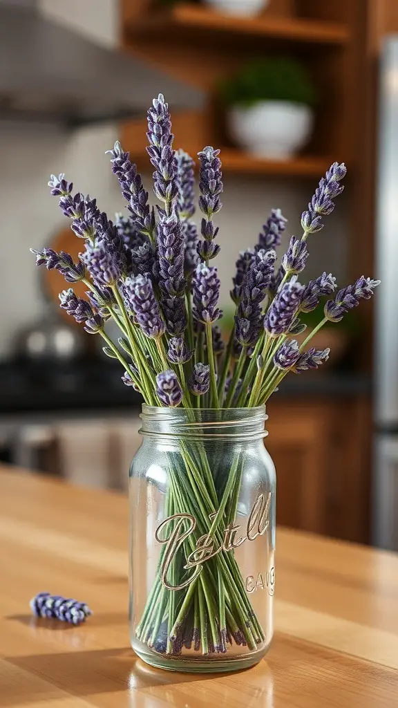 A bouquet of lavender flowers in a glass jar on a kitchen countertop.