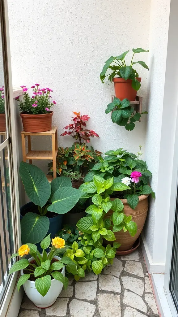 A small balcony garden with various plants in pots, showcasing colorful flowers and lush greenery.