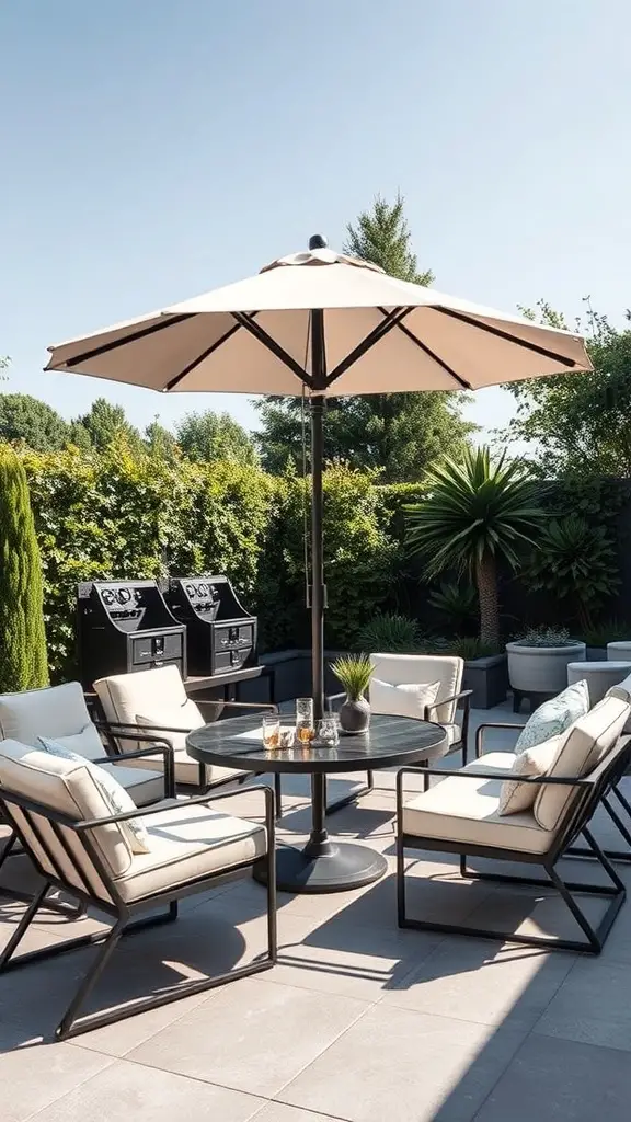 A modern patio set featuring a round glass table, sleek chairs, and a large umbrella surrounded by greenery.