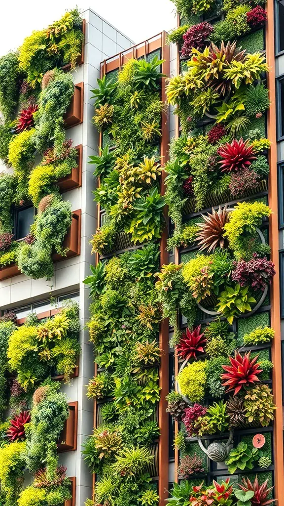 A vertical garden featuring a variety of plants and flowers on a building wall.