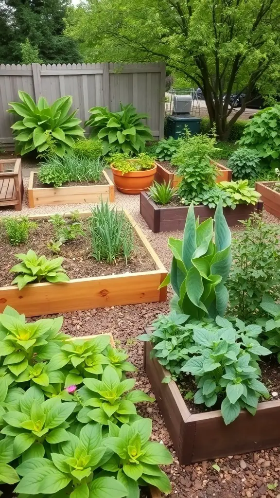 A modern backyard garden featuring raised beds filled with various edible plants and herbs.