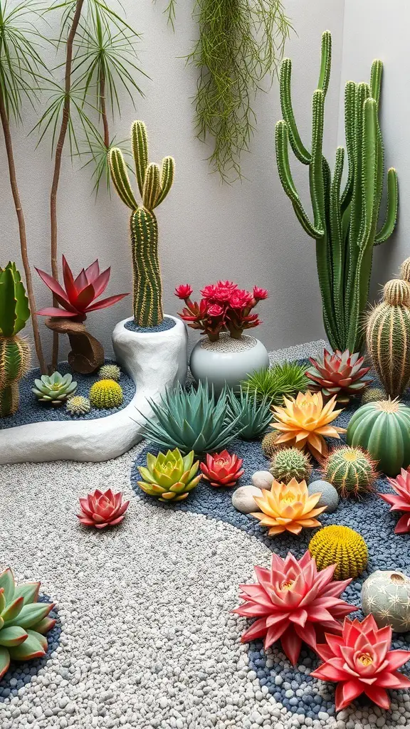 A zen garden featuring various succulents and cacti in vibrant colors.