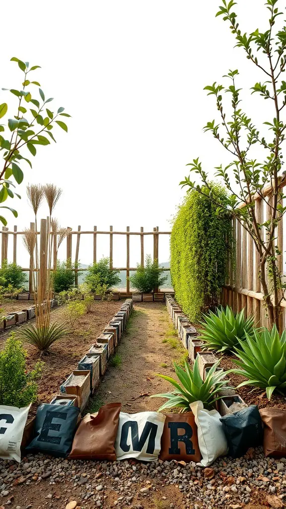 A garden with recycled material borders, featuring planters and greenery.
