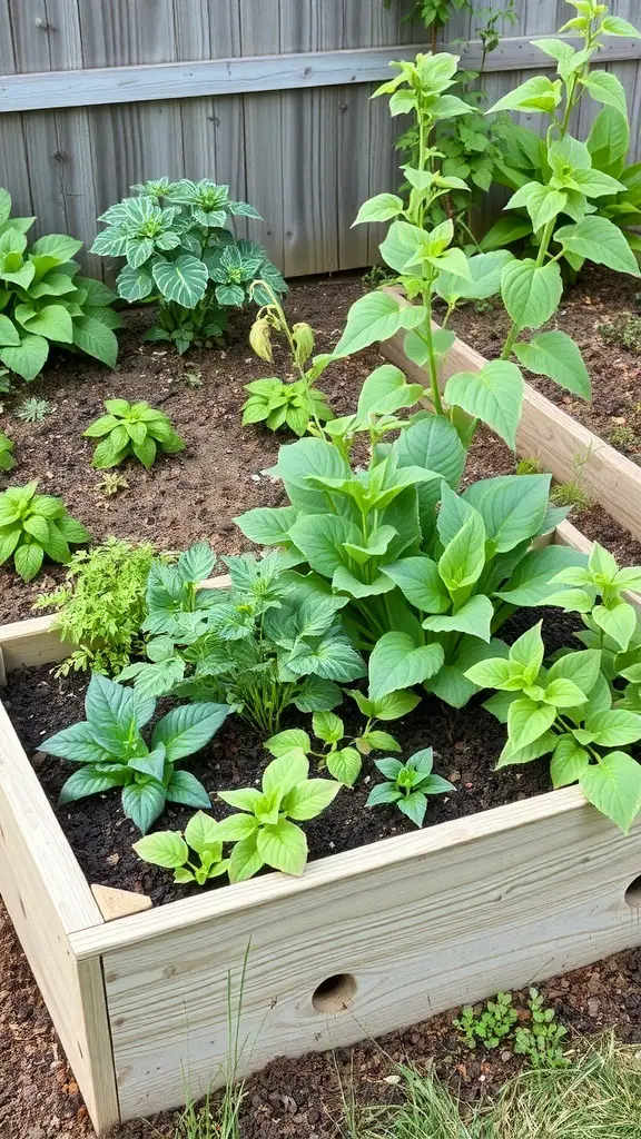 A raised garden bed filled with various plants, showcasing companion planting.