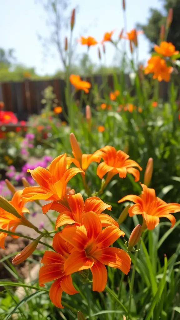 A vibrant display of orange daylilies in a garden setting