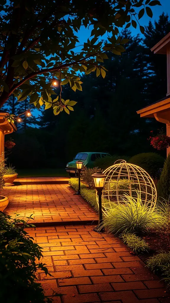 A beautifully lit front garden pathway with lanterns and decorative lights.