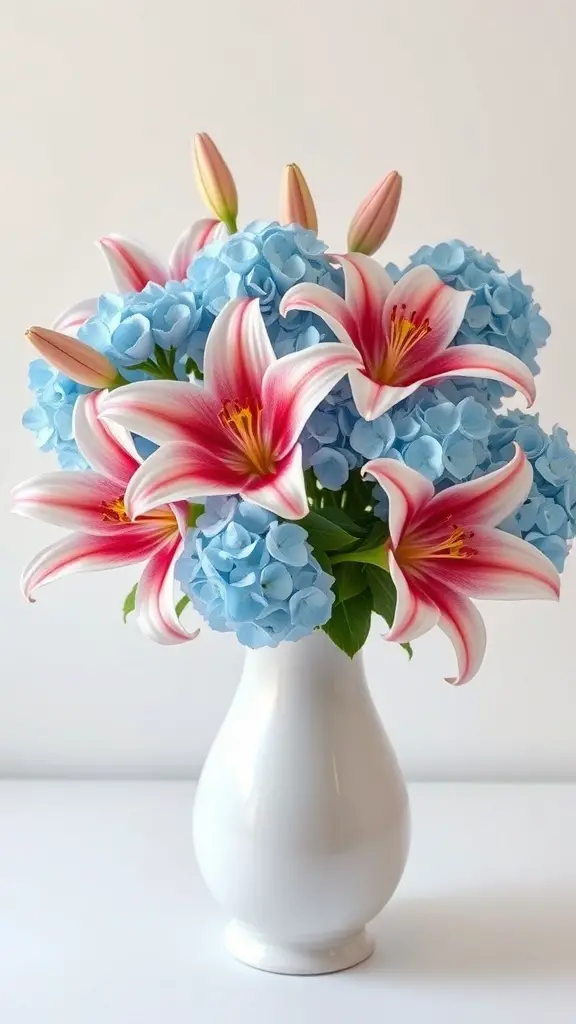 A bouquet featuring pink and white lilies alongside blue hydrangeas in a white vase
