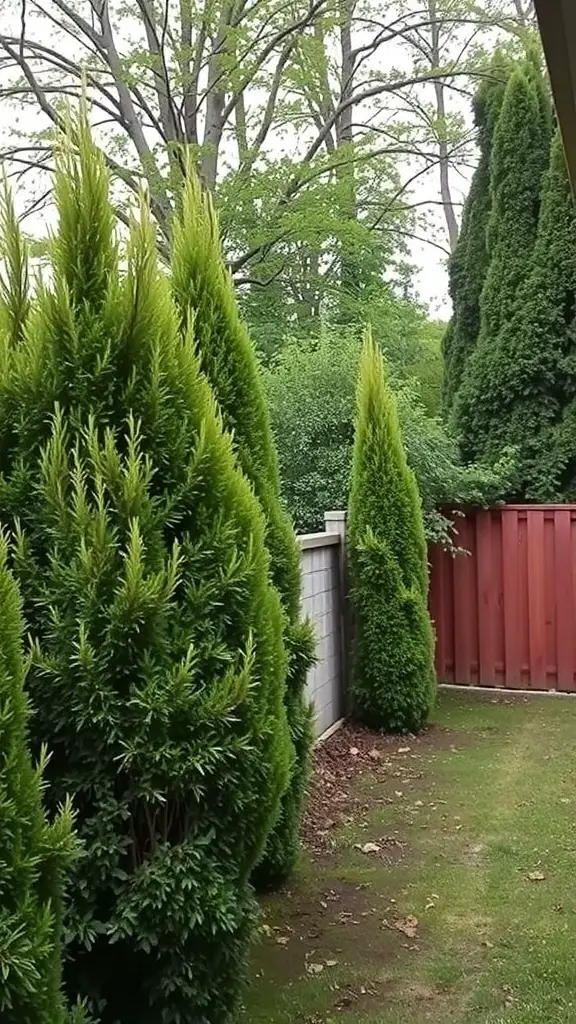 Tall hedges and a red fence in a backyard setting