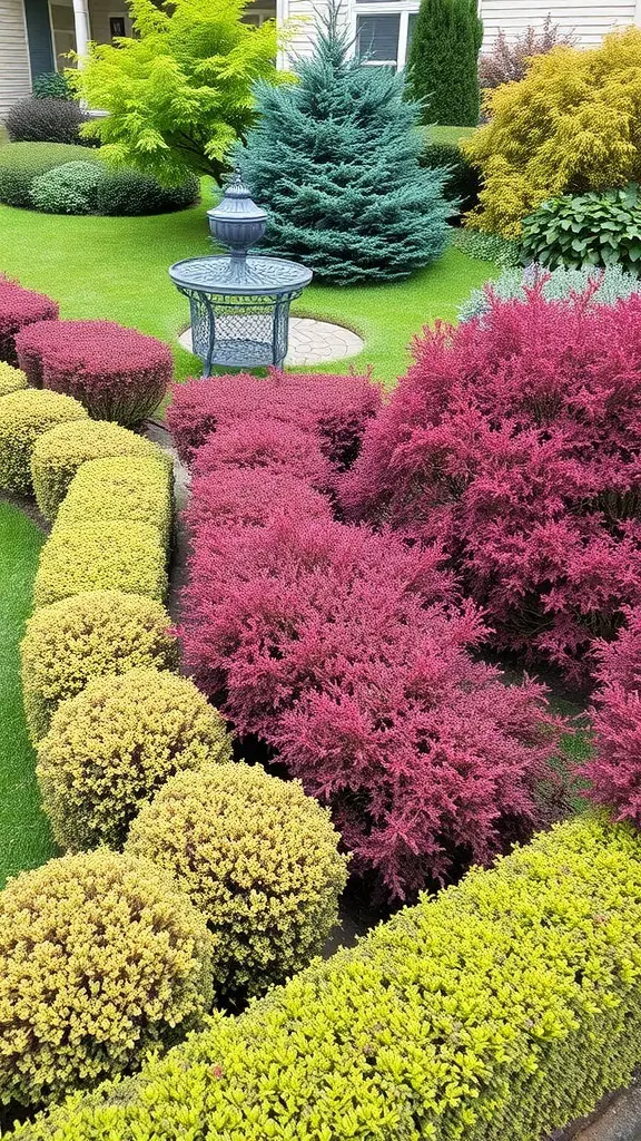 A colorful garden border featuring pink and yellow shrubs with a seating area in the center.