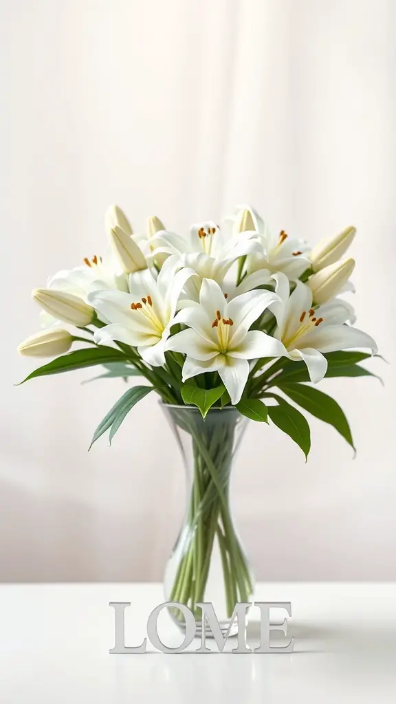 A beautiful arrangement of white lilies in a glass vase with green leaves.