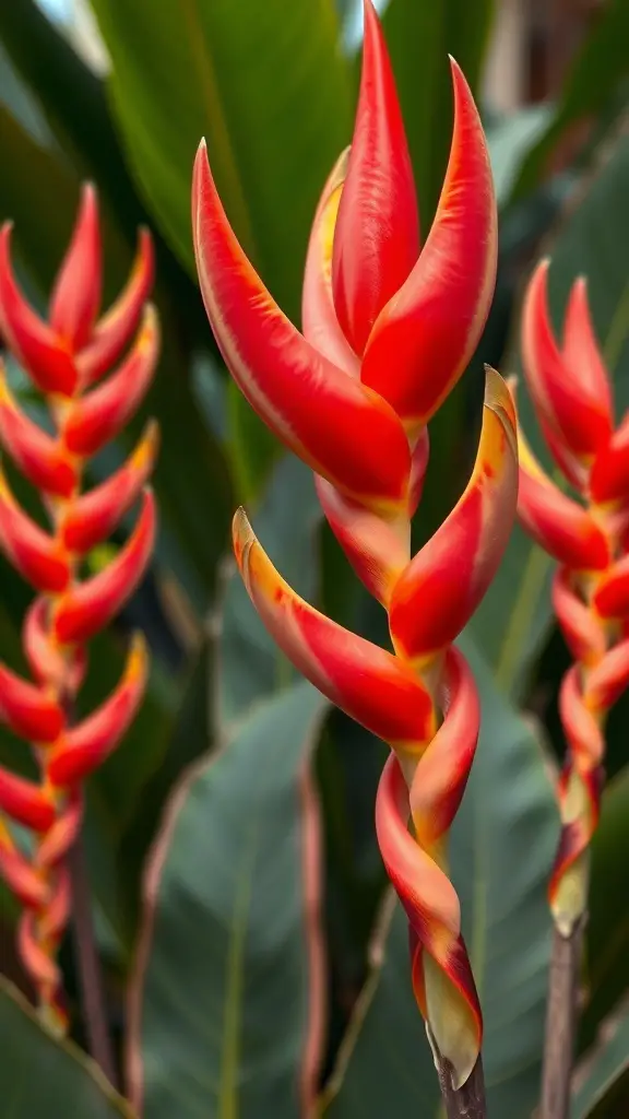 Bright red and orange Heliconia flowers against green leaves
