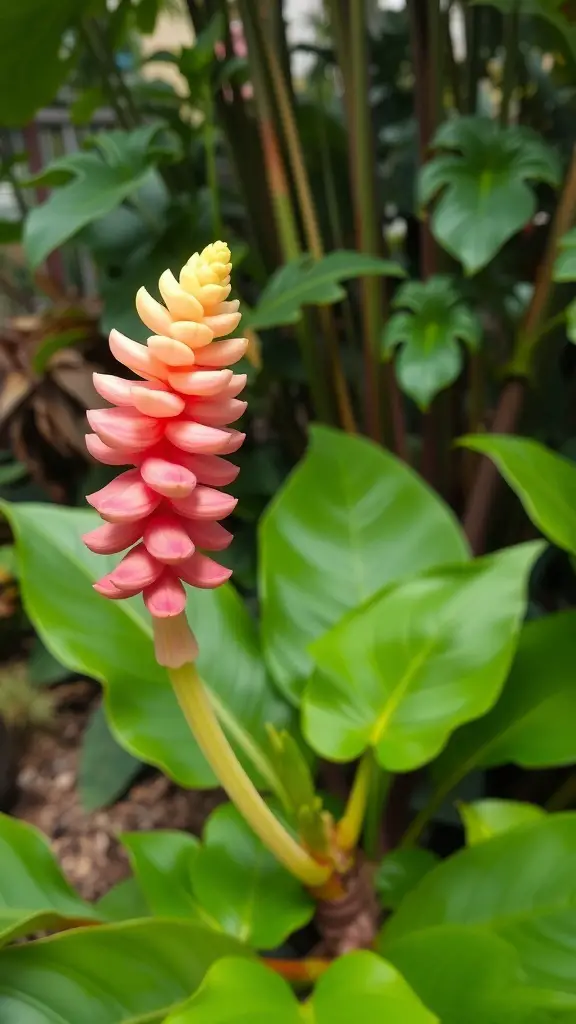 A vibrant ginger flower with pink and yellow petals surrounded by green leaves.