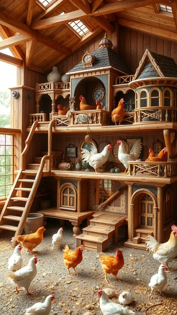 A luxurious chicken coop with ornate architecture, featuring a skylight and chickens roaming in a spacious courtyard.