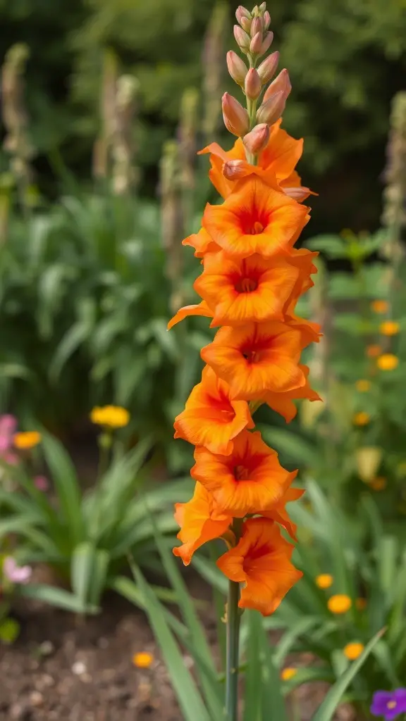 A tall spike of bright orange gladiolus flowers in a garden