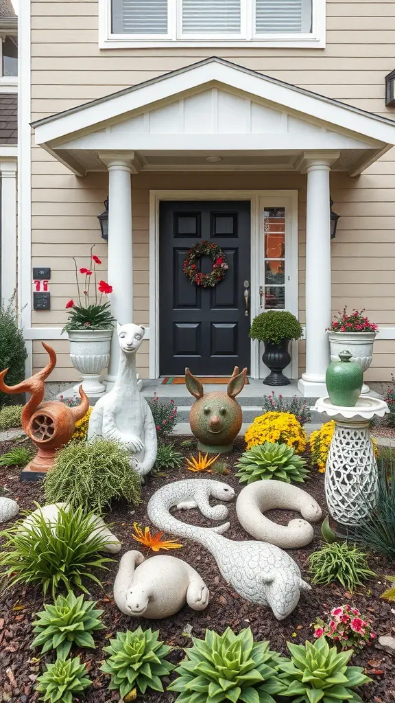 A front garden featuring various artistic sculptures, including animals and abstract shapes, surrounded by colorful flowers and greenery.