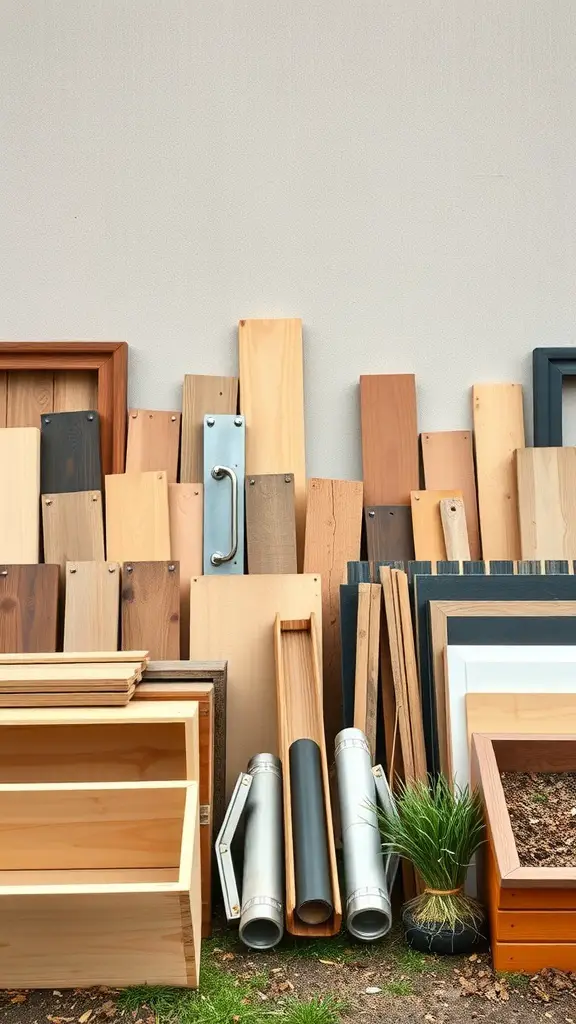 A variety of wood and metal materials for building raised garden beds.