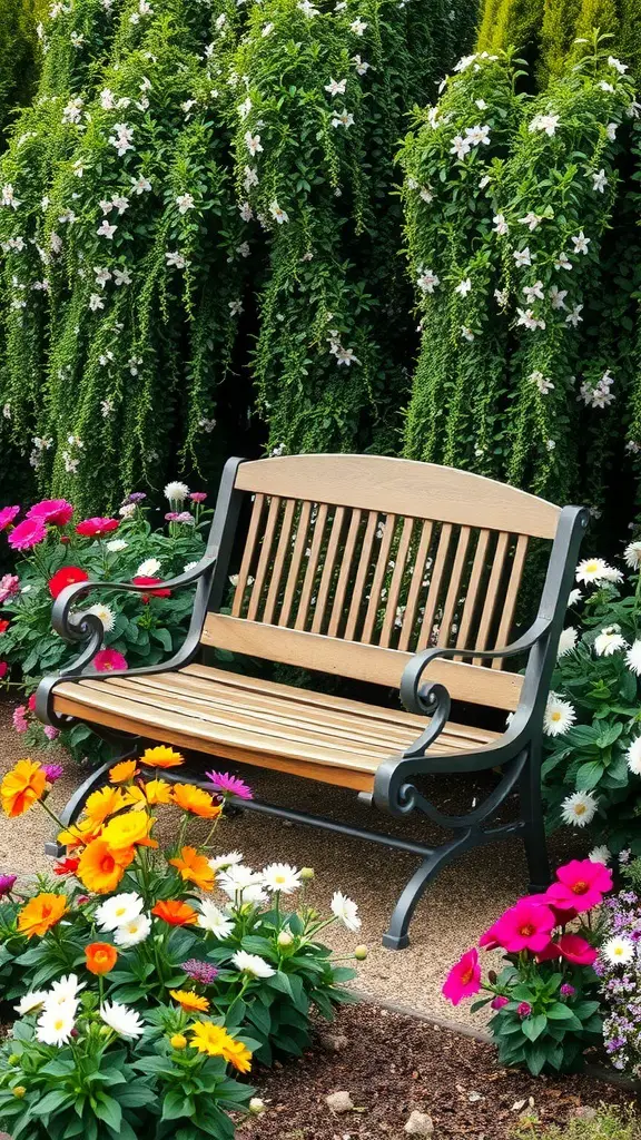 A stylish garden bench surrounded by colorful flowers.
