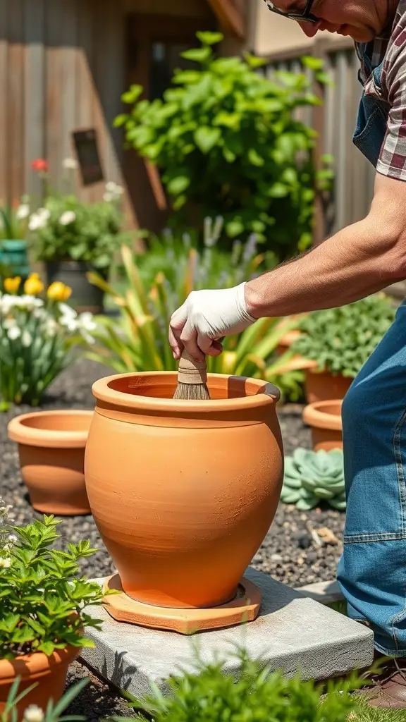 A person cleaning a terracotta pot with a brush in a garden setting