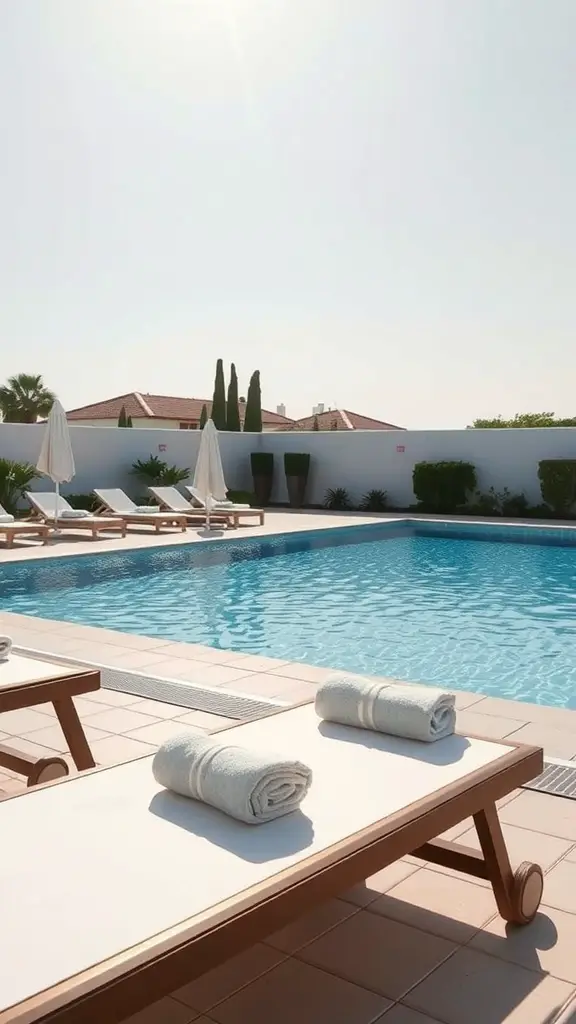 A serene poolside with sun loungers and towels beside a clear blue pool.