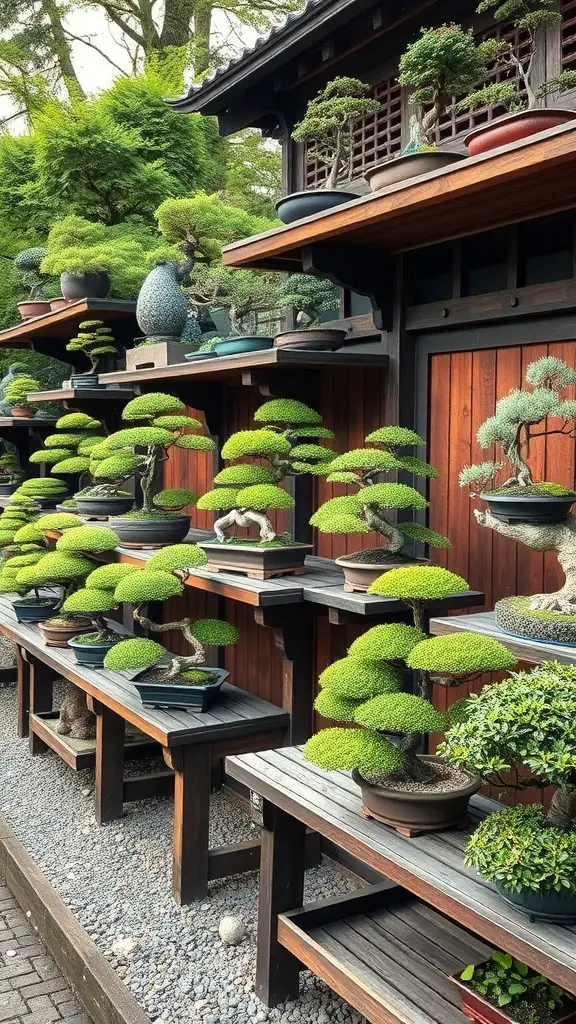 A display of various bonsai trees arranged on wooden shelves in a Japanese garden.