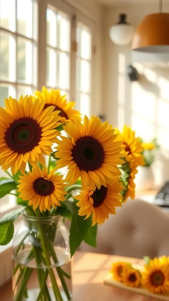 A bouquet of sunflowers in a vase on a table with sunlight streaming in