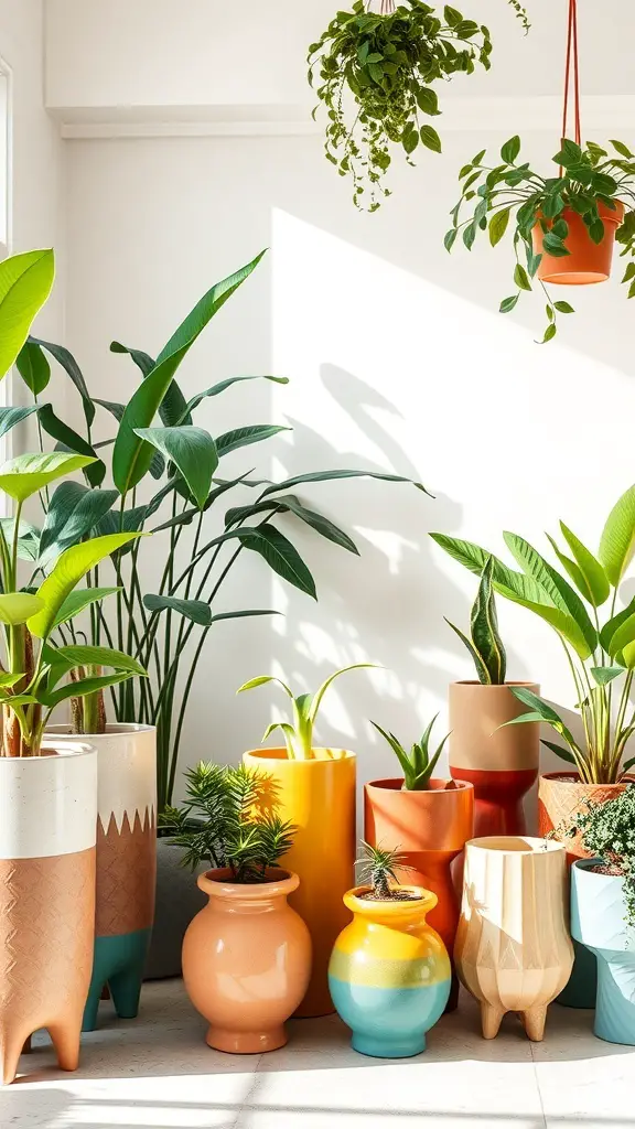 Colorful ceramic plant stands with various plants arranged in a bright room.