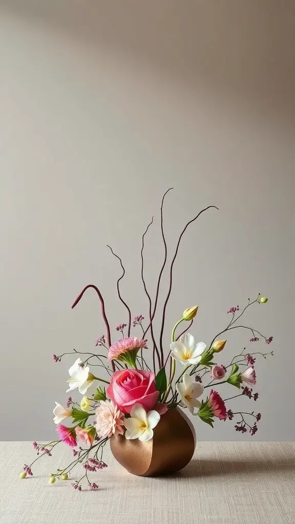 Artistic Ikebana flower arrangement featuring a pink rose and various delicate flowers in a bronze vase.