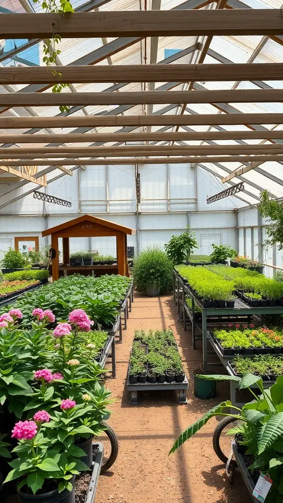 A community greenhouse filled with people tending to various plants in pots and trays.