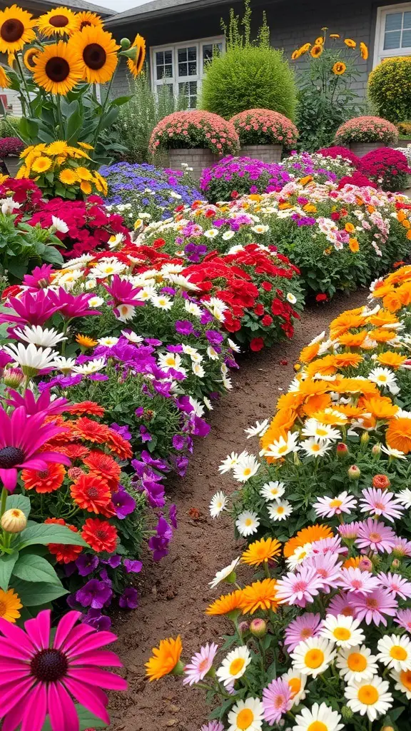 A colorful garden border filled with various seasonal flowers including sunflowers, daisies, and chrysanthemums.