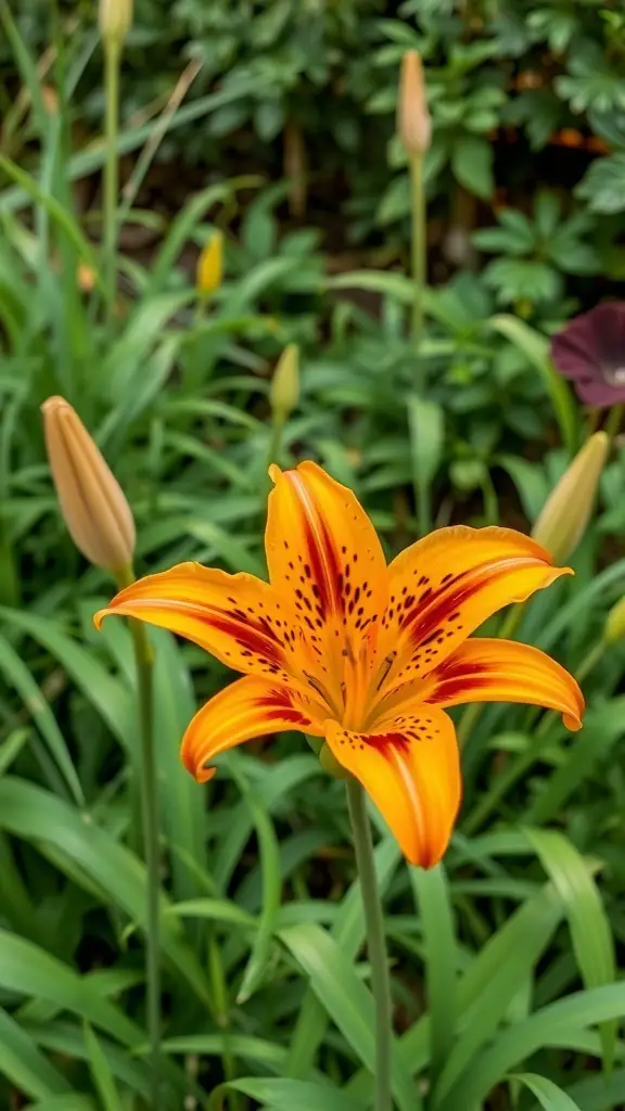 A vibrant orange Tiger Lily flower with dark spots, surrounded by green foliage.