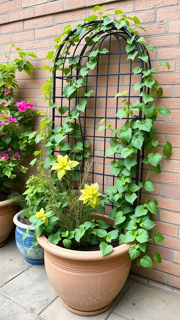 A container garden with a trellis supporting climbing plants and colorful flowers.