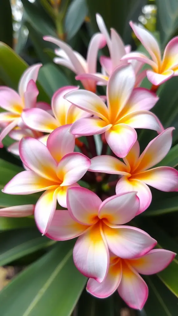 A close-up of pink and yellow plumeria flowers surrounded by green leaves.